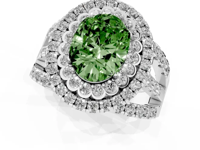 Fancy Green Oval Cut Diamond Double Halo Ring Set in Silver with Round Pavé Split Shank – second view