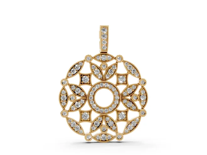 Round Lab-Grown Diamond Graduated Filigree Disc Pendant Necklace | Milgrain Edges | Yellow Gold