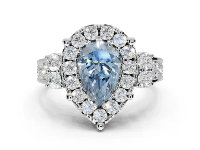 Pear-Shaped Halo Engagement Ring Setting for a Fancy Blue Lab-Grown Diamond | Graduated Channel Band | White Gold
