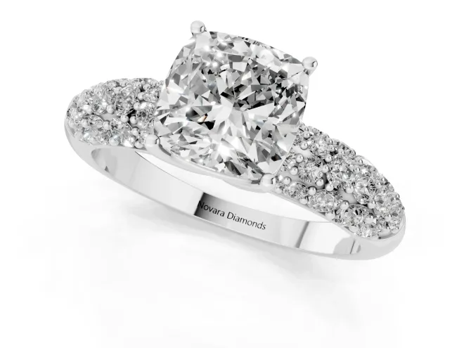 Cushion Cut Diamond Pavé Band Solitaire Ring Set in Platinum with Close-Set Accent Stones and Prong Setting – second view