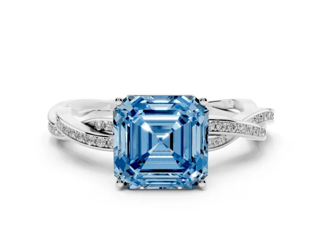 Asscher Cut Twisted Pavé Solitaire Engagement Ring Setting for a Fancy Blue Lab-Grown Diamond | Open Basket | White Gold