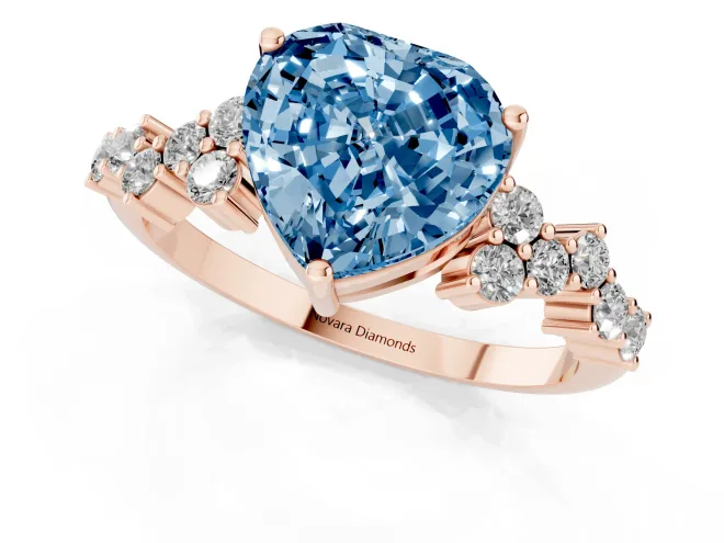 Fancy Blue Heart Cut Diamond Ring Set in Rose gold with Scattered Round Accents – second view