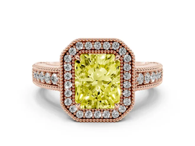 Radiant Cut Milgrain Halo Engagement Ring Setting for a Fancy Yellow Lab-Grown Diamond | Carved Leaf Detail | Rose Gold
