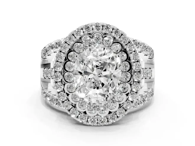 Oval Double Halo Split Shank Engagement Ring Setting | Pavé Strands | White Gold