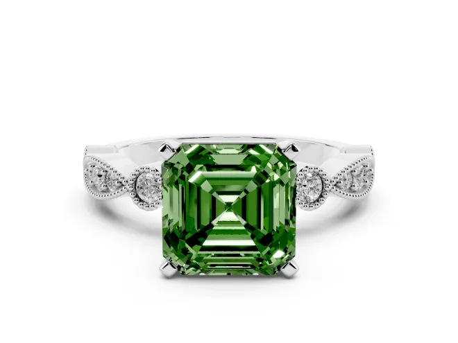 Fancy Green Asscher Cut Diamond Solitaire Engagement Ring Set in Silver with Milgrain Bezel Accent Band