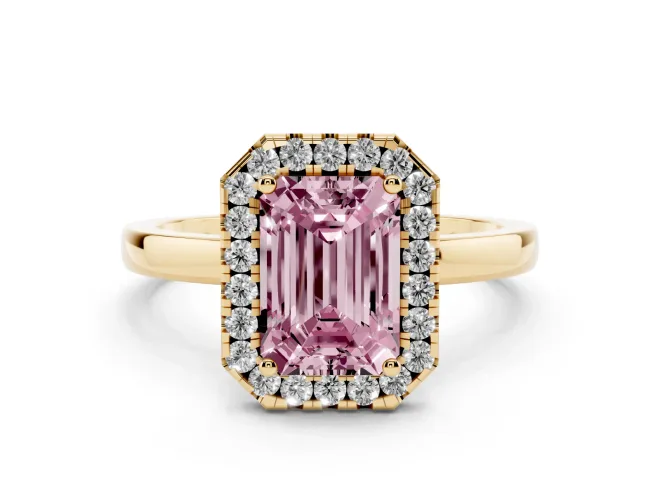 Emerald Cut Thin Halo Engagement Ring Setting for a Fancy Pink Lab-Grown Diamond | Plain Polished Band | Yellow Gold