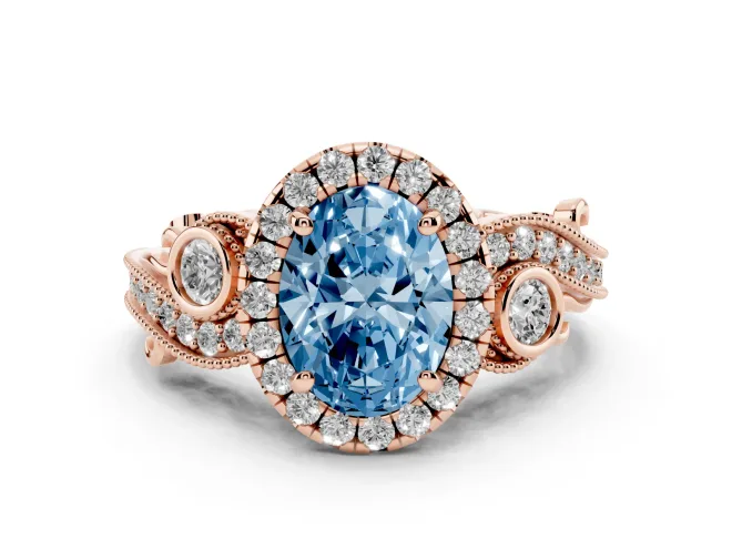 Oval Vintage Halo Engagement Ring Setting for a Fancy Blue Lab-Grown Diamond | Bezel Shoulder Accents | Rose Gold