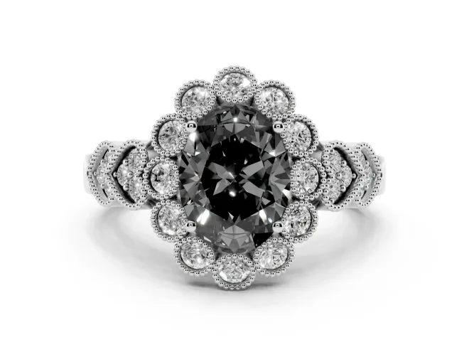 Oval Scalloped Halo Engagement Ring Setting for a Black Center | Heart Pavé Band | Platinum