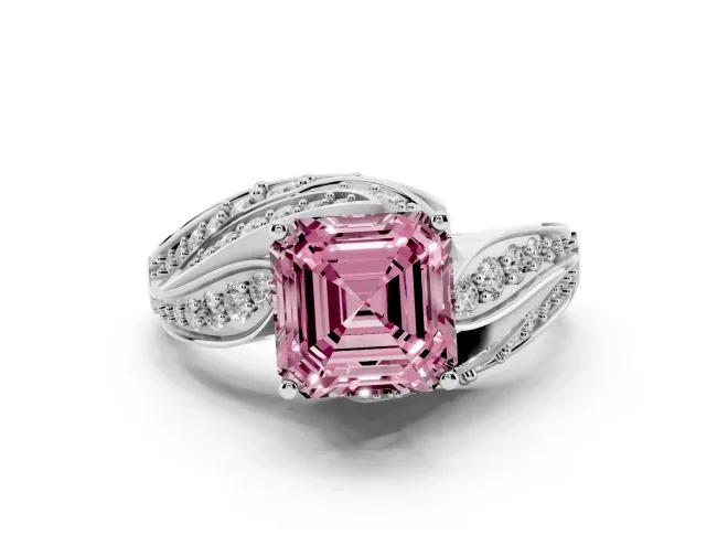 Fancy Pink Asscher Cut Diamond Solitaire Ring Set in White gold with Layered Twist Pavé Band