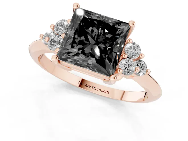 Fancy Black Princess Cut Diamond Cluster Ring Set in Rose gold with Plain Band and Prong Setting – second view