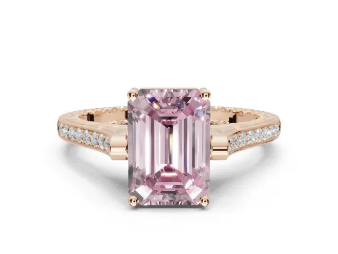 Emerald Cut Vintage Cathedral Engagement Ring Setting for a Fancy Pink Lab-Grown Diamond | Carved Band | Rose Gold