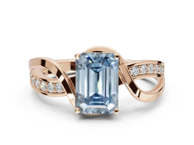 Emerald Cut Bypass Solitaire Engagement Ring Setting for a Fancy Blue Lab-Grown Diamond | Pavé Strands | Rose Gold