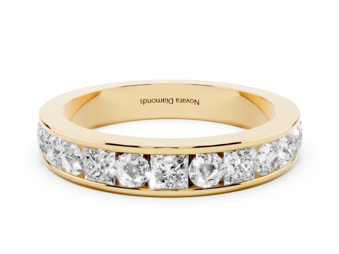 Princess Diamond Channel Set Promise Ring Set in Yellow gold with Round Accent Stations