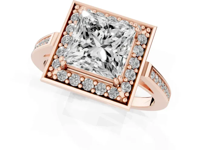 Princess Cut Diamond Halo Ring Set in Rose gold with Accent-Lined Split Shank and Prong Setting – second view