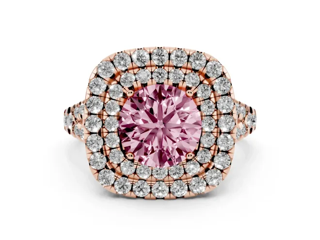 Fancy Pink Round Cut Diamond Double Halo Ring Set in Rose gold with Pavé Split Shank and Prong Setting