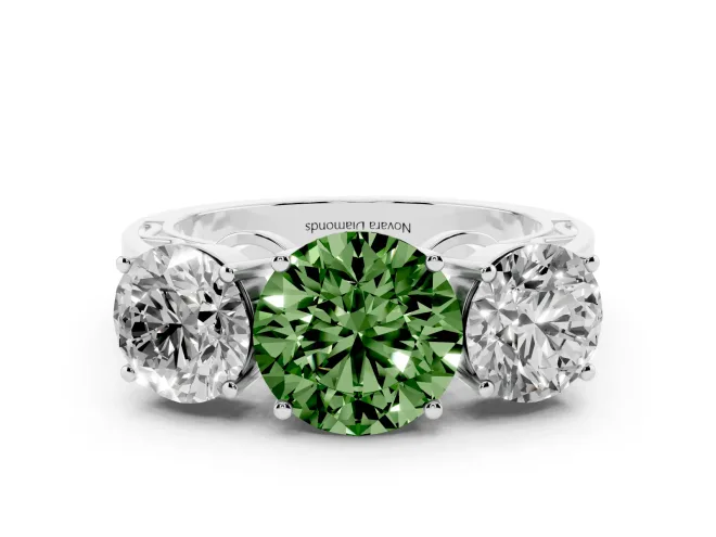 Fancy Green Round Cut Diamond Three-Stone Ring Set in Platinum with Textured Band