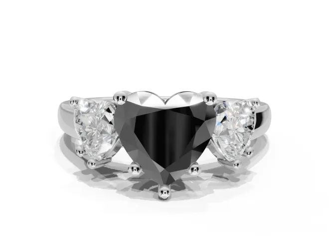 Heart-Shaped Three Stone Engagement Ring Setting for a Black Center | Tapered Band | White Gold
