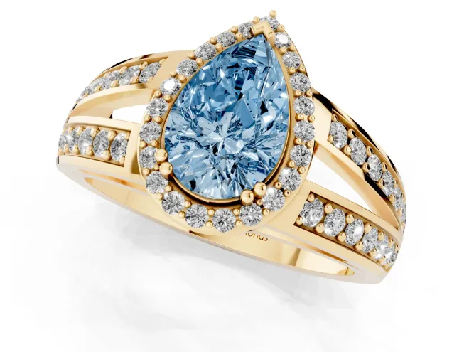 Fancy Blue Pear Cut Diamond Halo Ring Set in Yellow gold with Double Pavé Split Shank – second view