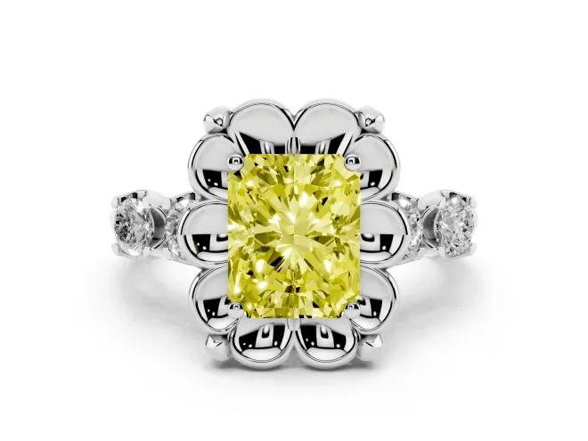 Fancy Yellow Radiant Cut Diamond Floral Halo Ring Set in Platinum with Shared Prong Band