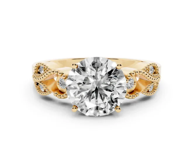 Round Cut Diamond Milgrain Leaf Band Solitaire Ring Set in Yellow gold with Accent Stones and Prong Setting