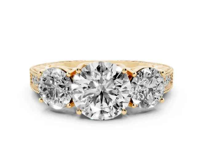 Round Cut Diamond Three-Stone Engagement Ring Set in Yellow gold with Milgrain Pavé Band