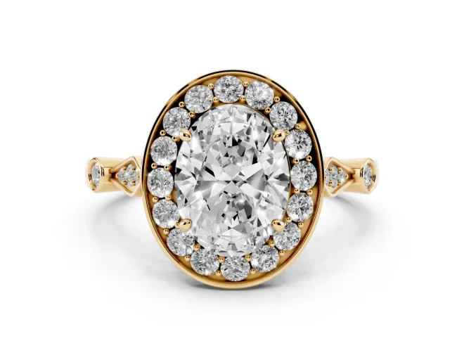 Oval Cut Diamond Halo Engagement Ring Set in Yellow gold with Twisted Band and Prong Setting