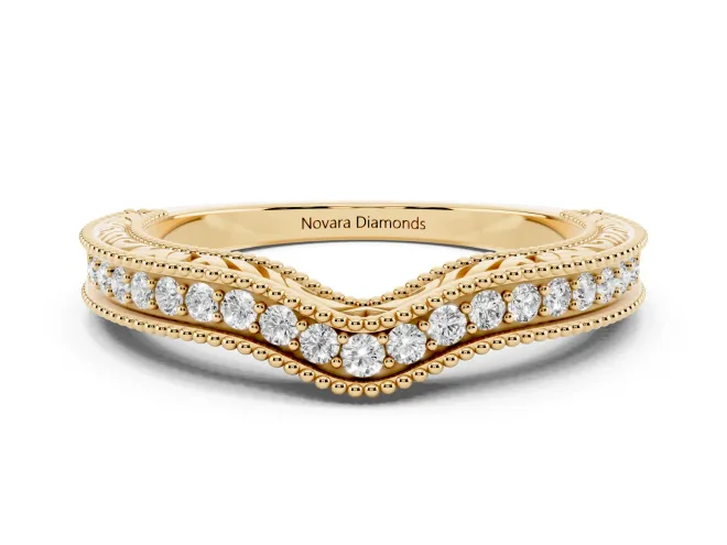 Round Lab-Grown Diamond Pavé Chevron Milgrain Wedding Band | Scrollwork Sides | Yellow Gold
