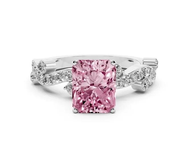Radiant Cut Twisted Pavé Engagement Ring Setting for a Fancy Pink Lab-Grown Diamond | Bar Stations | White Gold