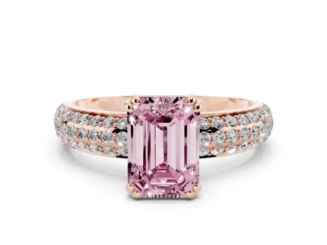 Emerald Cut Three Row Pavé Engagement Ring Setting for a Fancy Pink Lab-Grown Diamond | Rose Gold