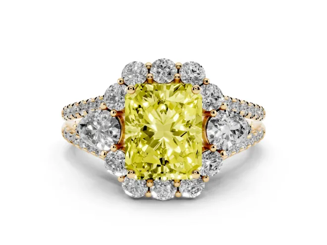 Radiant Cut Scalloped Halo Engagement Ring Setting for a Fancy Yellow Lab-Grown Diamond | Pear Side Stones | Yellow Gold