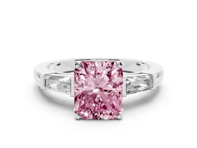 Radiant Cut Three Stone Engagement Ring Setting for a Fancy Pink Lab-Grown Diamond | Tapered Baguettes | Platinum