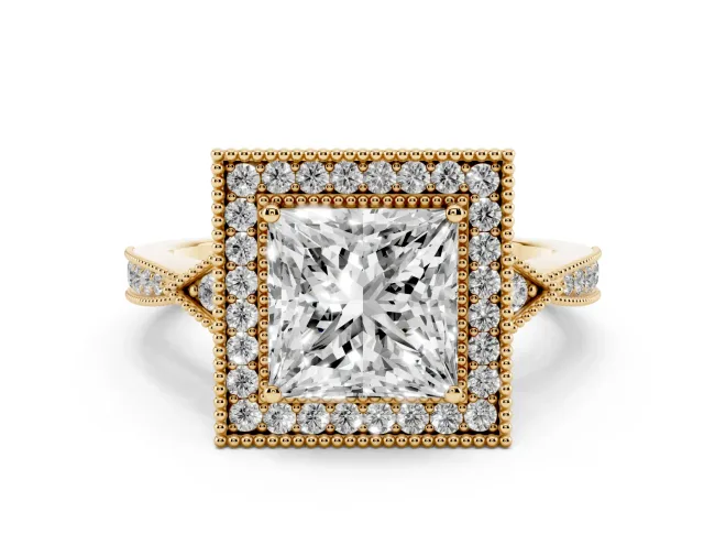 Princess Cut Diamond Halo Engagement Ring Set in Yellow gold with Milgrain Pavé Band
