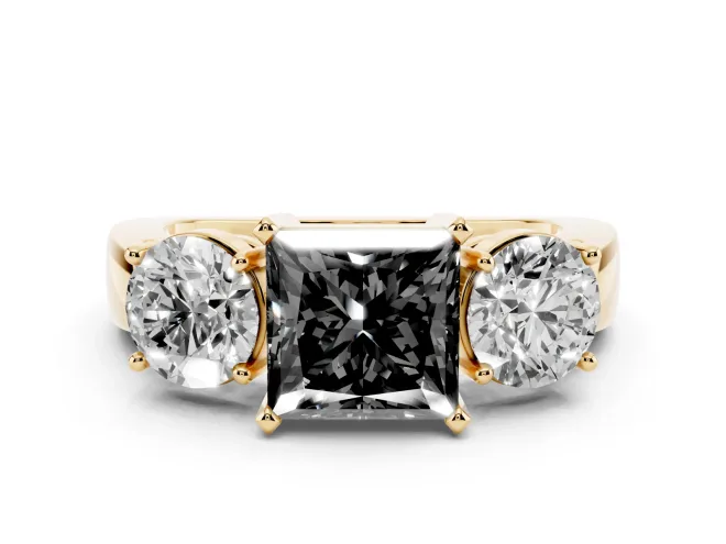 Fancy Black Princess Cut Diamond Three-Stone Ring Set in Yellow gold with Round Side Stones and Classic Band