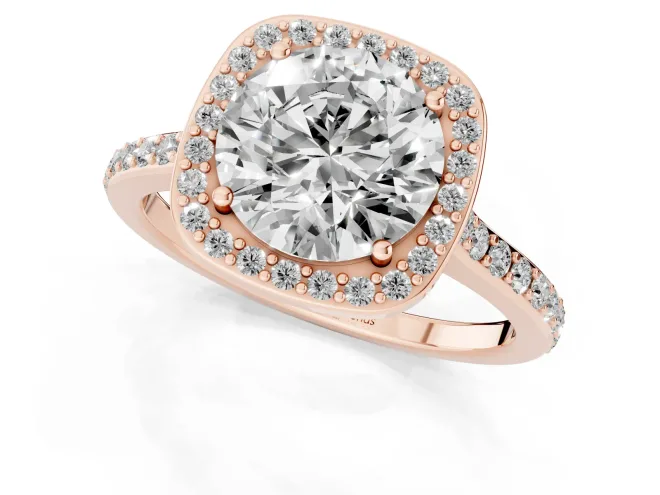 Round Cut Diamond Halo Engagement Ring Set in Rose gold with Round Pavé Shoulders and Heart Gallery – second view