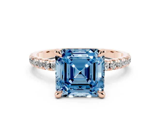 Fancy Blue Asscher Cut Diamond Brilliant Solitaire Ring Set in Rose gold with Pavé Band and Prong Setting