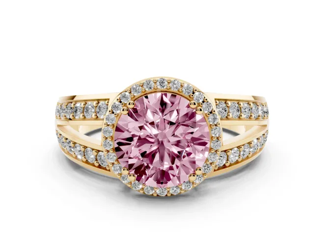 Fancy Pink Round Cut Diamond Halo Ring Set in Yellow gold with Double Pavé Split Shank