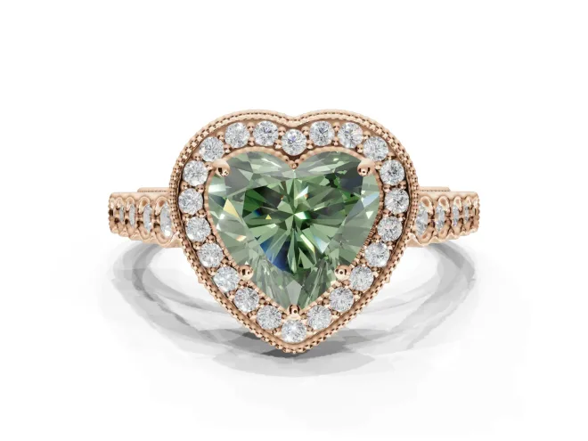 Heart-Shaped Graduated Milgrain Halo Engagement Ring Setting for a Fancy Green Lab-Grown Diamond | Rose Gold