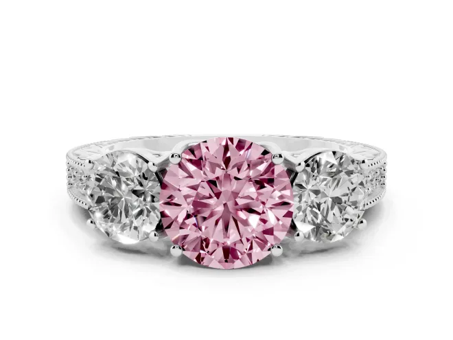 Round Vintage Three Stone Engagement Ring Setting for a Fancy Pink Lab-Grown Diamond | Sterling Silver