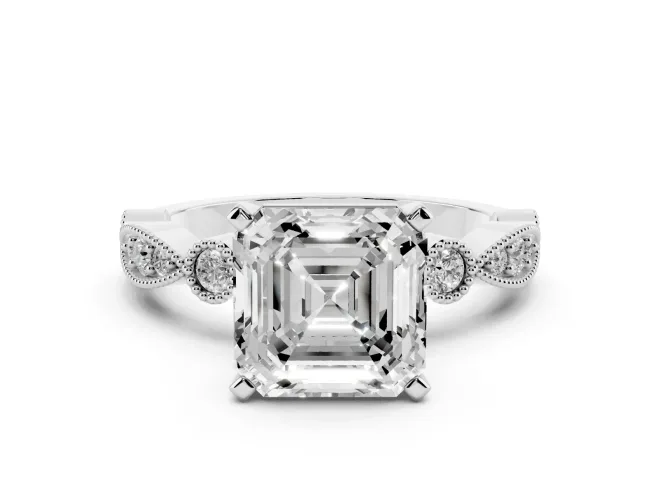 Asscher Cut Vintage Milgrain Solitaire Engagement Ring Setting | Bezel Accents | Platinum
