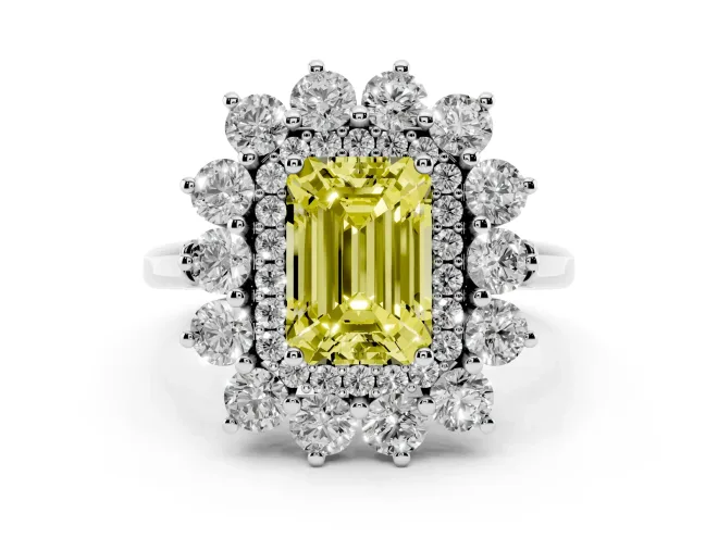 Emerald Cut Floral Double Halo Engagement Ring Setting for a Fancy Yellow Lab-Grown Diamond | Plain Band | White Gold