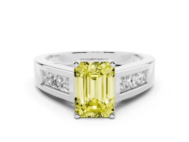 Fancy Yellow Emerald Cut Diamond Solitaire Ring Set in Silver with Channel-Set Accent Stones and Prong Setting