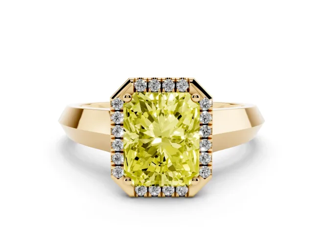 Radiant Cut Halo Engagement Ring Setting for a Fancy Yellow Lab-Grown Diamond | Knife-Edge Band | Yellow Gold