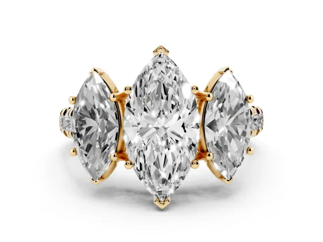 Marquise Cut Diamond Three-Stone Ring Set in Yellow gold with Pavé Band