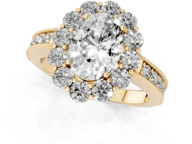 Oval Cut Diamond Halo Pavé Engagement Ring Set in Yellow gold with Milgrain Detailing – second view
