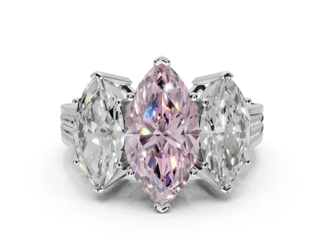 Marquise Three Stone Engagement Ring Setting for a Fancy Pink Lab-Grown Diamond | Beaded Shoulders | Sterling Silver