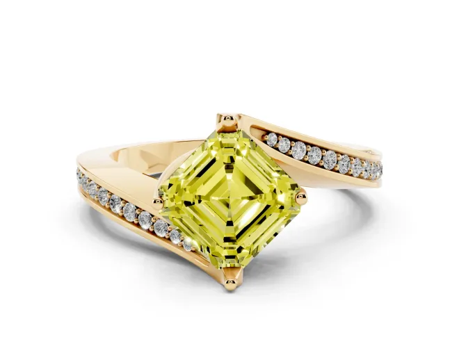 Fancy Yellow Asscher Cut Diamond Solitaire Ring Set in Yellow gold with Intertwined Pavé Twist Band