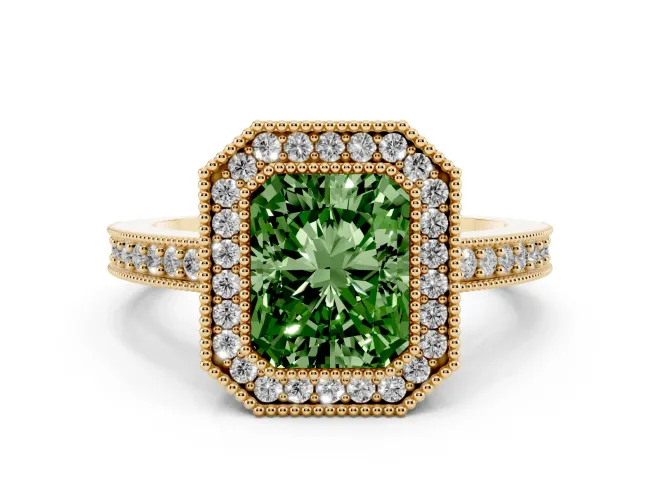 Fancy Green Radiant Cut Diamond Halo Engagement Ring Set in Yellow gold with Pavé Band and Round Halo Stones