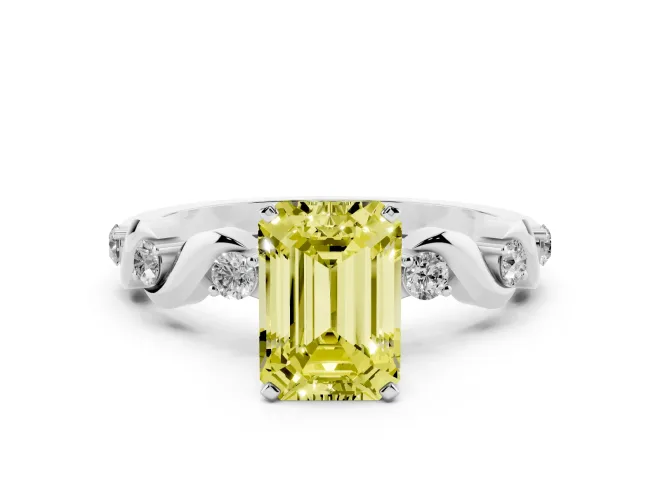 Fancy Yellow Emerald Cut Diamond Solitaire Ring Set in White gold with Ribbon Twist Band, Round Accents and Prong Setting