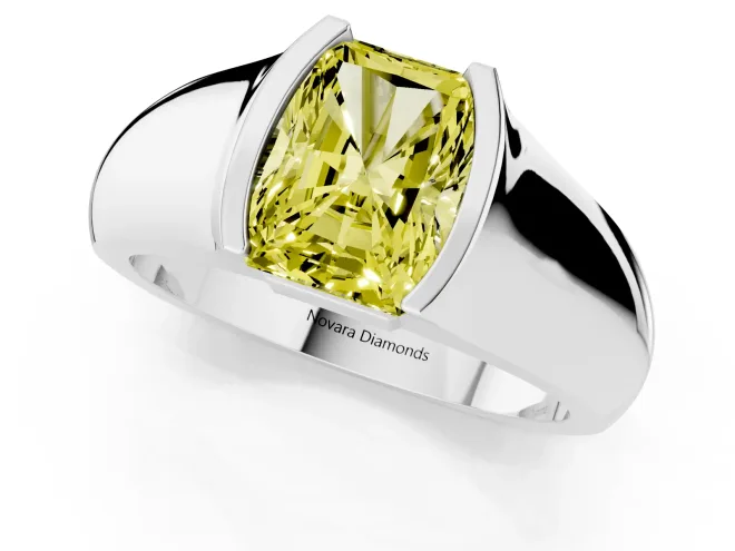 Fancy Yellow Radiant Cut Diamond Bezel Solitaire Ring Set in White gold with Wide Band – second view