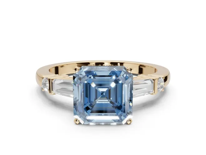 Asscher Cut Tapered Baguette Engagement Ring Setting for a Fancy Blue Lab-Grown Diamond | Bar Set Sides | Yellow Gold